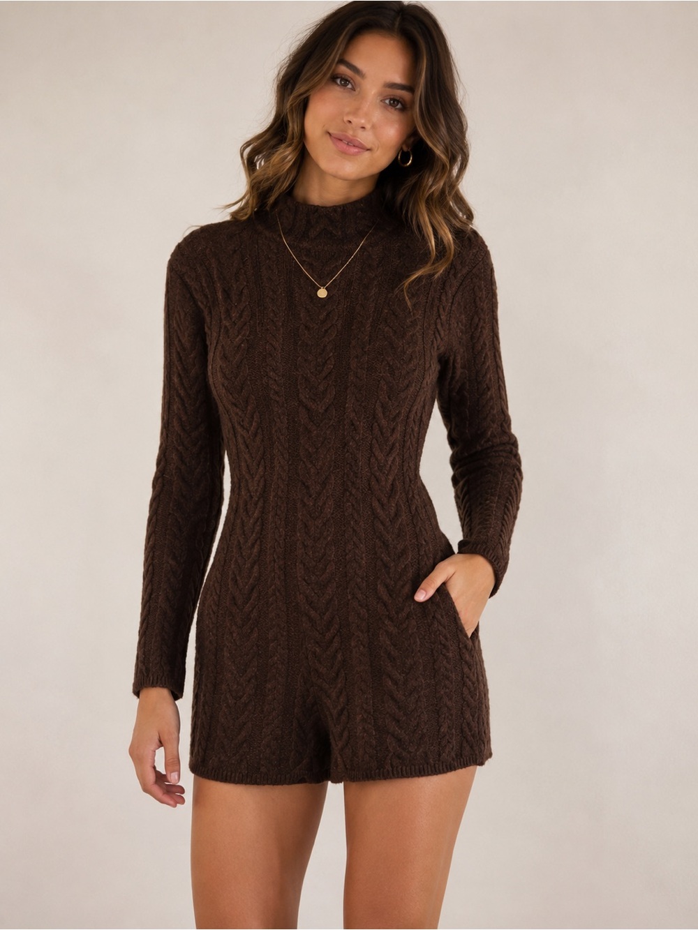 New w tags Naked Zebra Brown Cable Knit Mock Neck Sweater Romper Women’s Medium